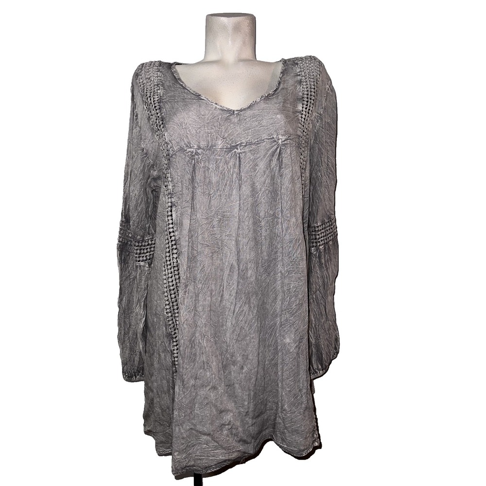 Anandas Collection Gray Acid Wash Crinkle Boho Tunic Top Crochet Lace XXL NWT
